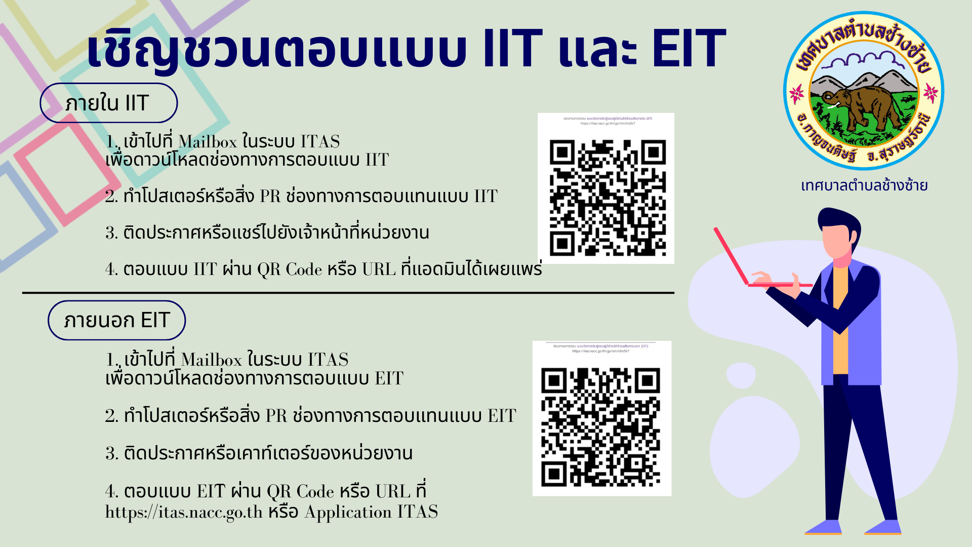 QR CODE แบบวัด EIT เพื่อให้ผู้รับริการหรือติดต่อราชการมีโอกาสมีส่วนร่วมในการประเมิน ITA ของเทศบาลตำบลช้างซ้าย